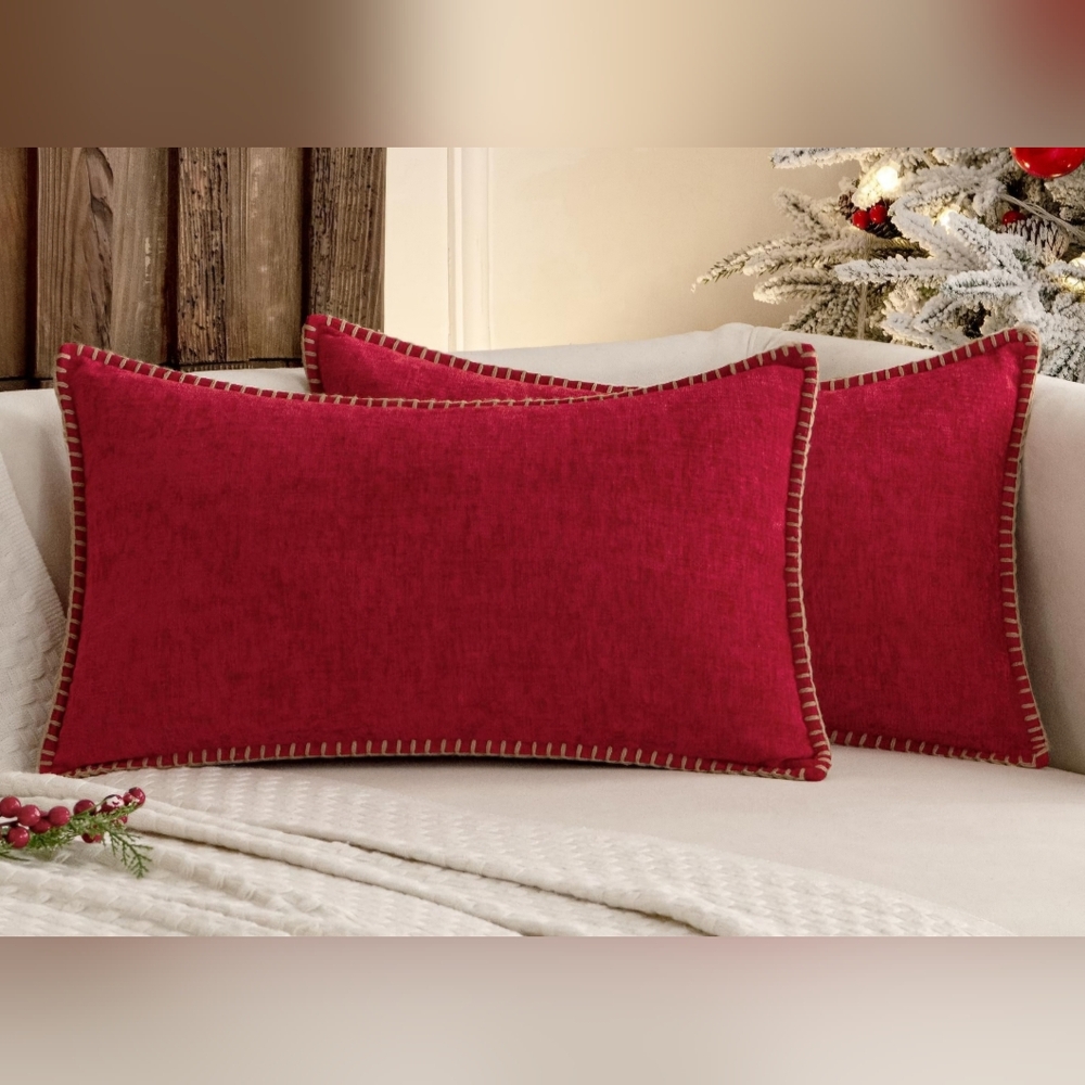 Pack of 2 Red Throw Pillow Covers 12x20 Inch Soft Chenille Pillow Covers Only.